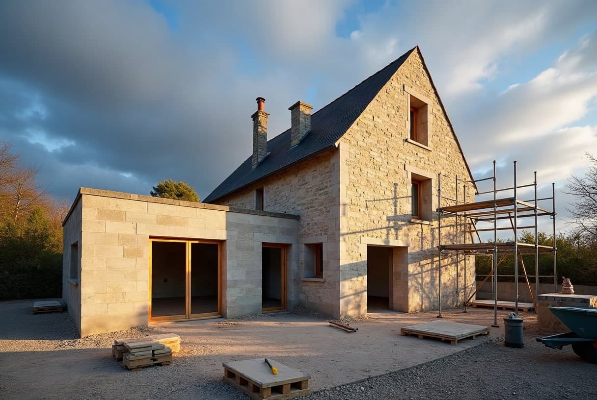 Extension en gros œuvre raccordée à une maison ancienne en pierre calcaire, échafaudage en place