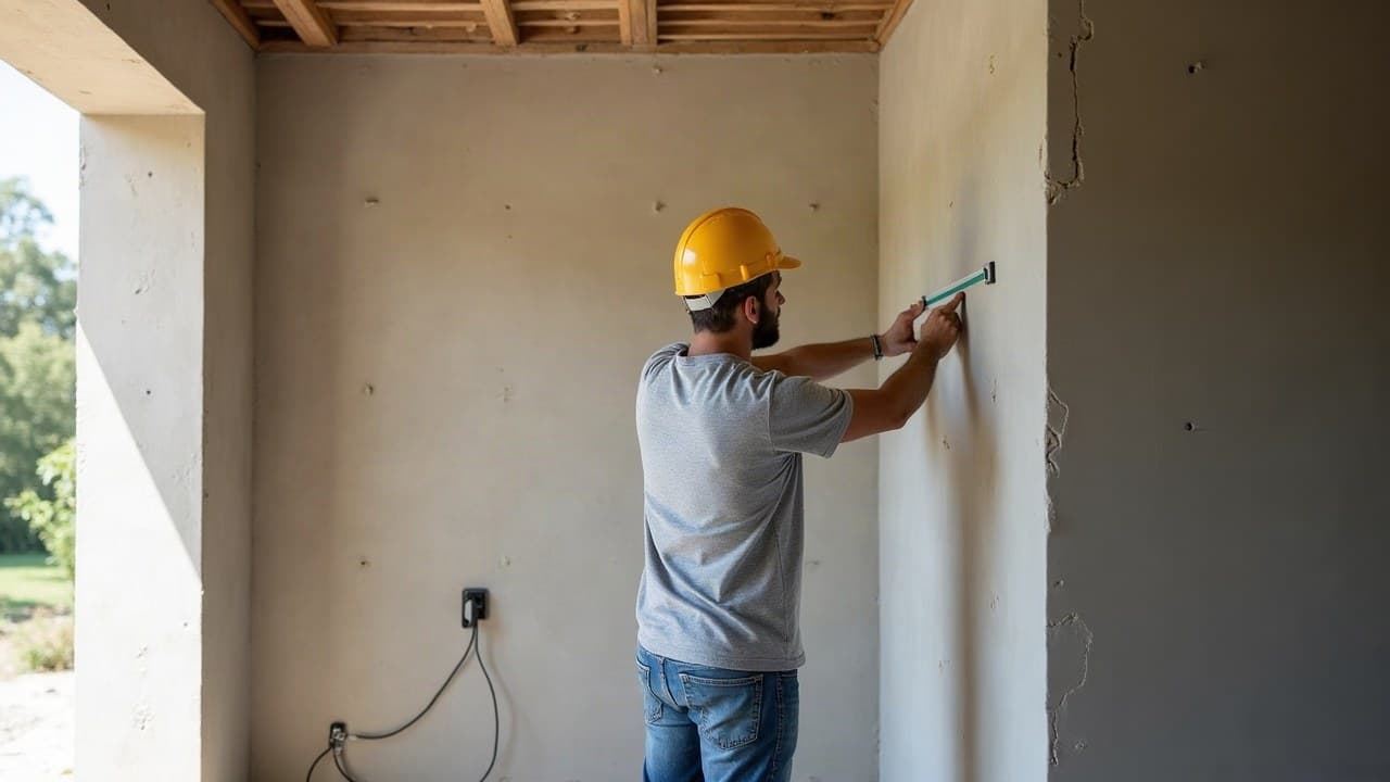 Maçon prenant les mesures d’un mur avant chiffrage, dans une pièce en cours de gros œuvre