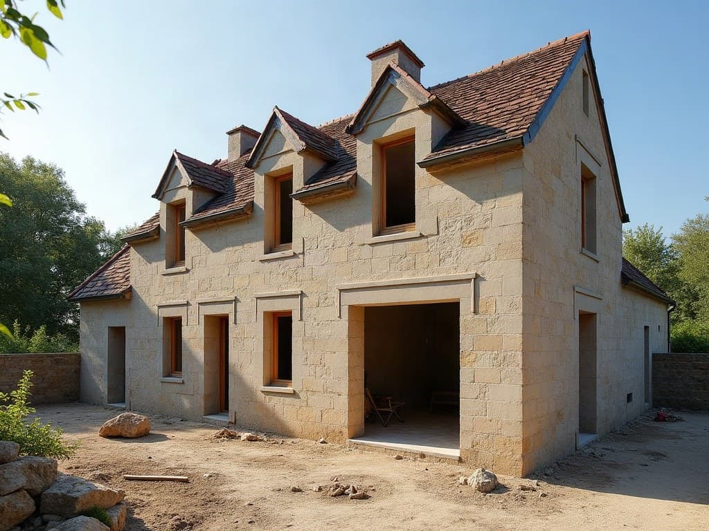 Reprise de maçonnerie en pierre calcaire sur un mur ancien lors d'un chantier de rénovation à Niort